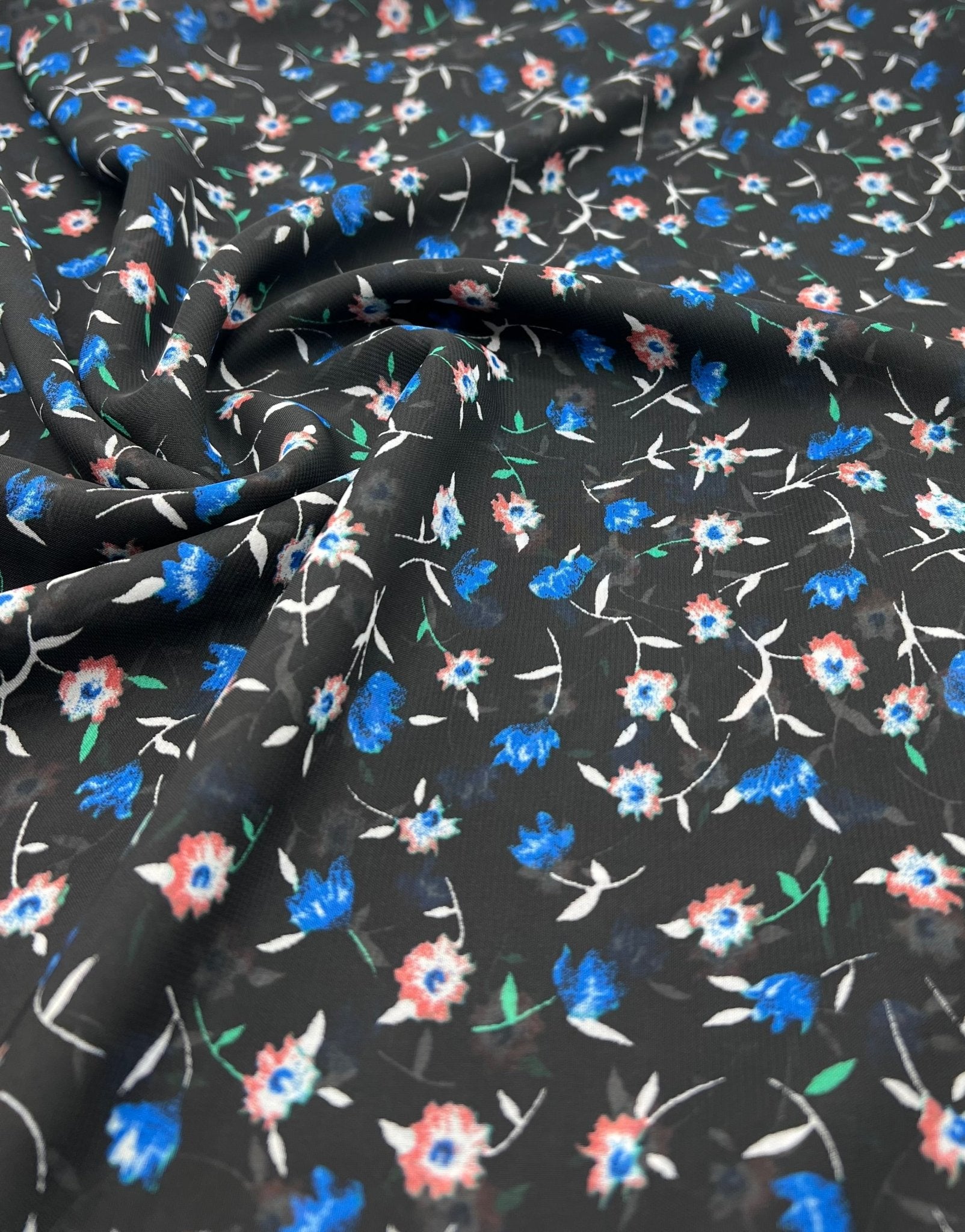 Black Blue Red Ditsy Floral Printed Chiffon Dress Fabric - T9 Fabrics